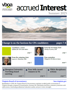 Portada de Acearned Interest con una escena de montaña con texto: El cambio está en el horizonte para los candidatos a CPA